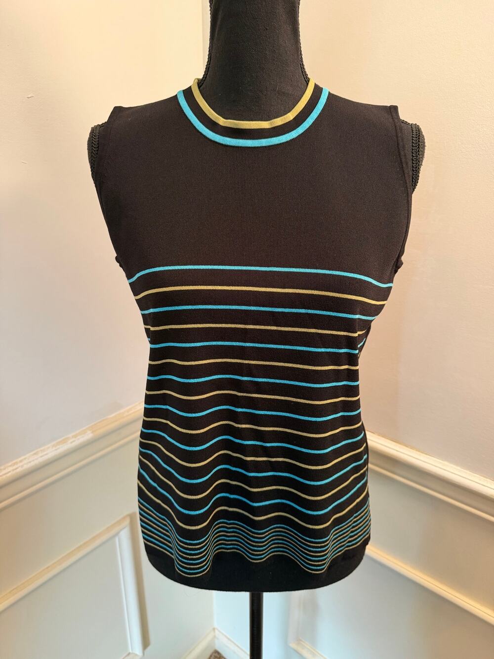 Y2K Dressbarn Striped Sleeveless Knit Top Crew Neck Pullover Black Green Teal